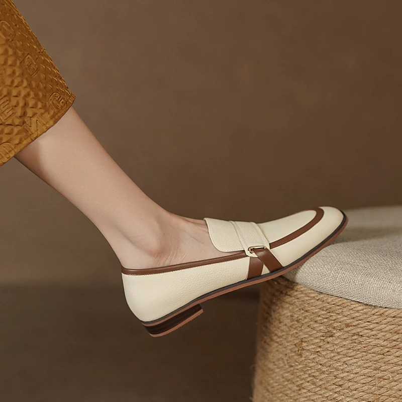 Concise Comfortable Women Flats Working Casual Metal Buckle Mixed Colors Genuine Leather Shoes Woman 2023 Spring Summer New