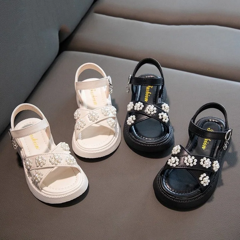 

Children Sandals 2023 Summer New Girls Korean Style Kids Fashion Versatile Pearls Cute Princess Hook & Loop Solid Black for Show