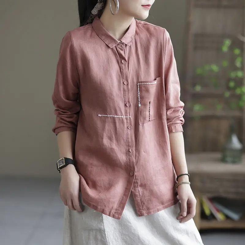 

Button Up Women Shirt Polo Collar Long Sleeve Cotton Linen Shirts Women's Casual Embroidered Blouses Ladies Top Blusas Mujer