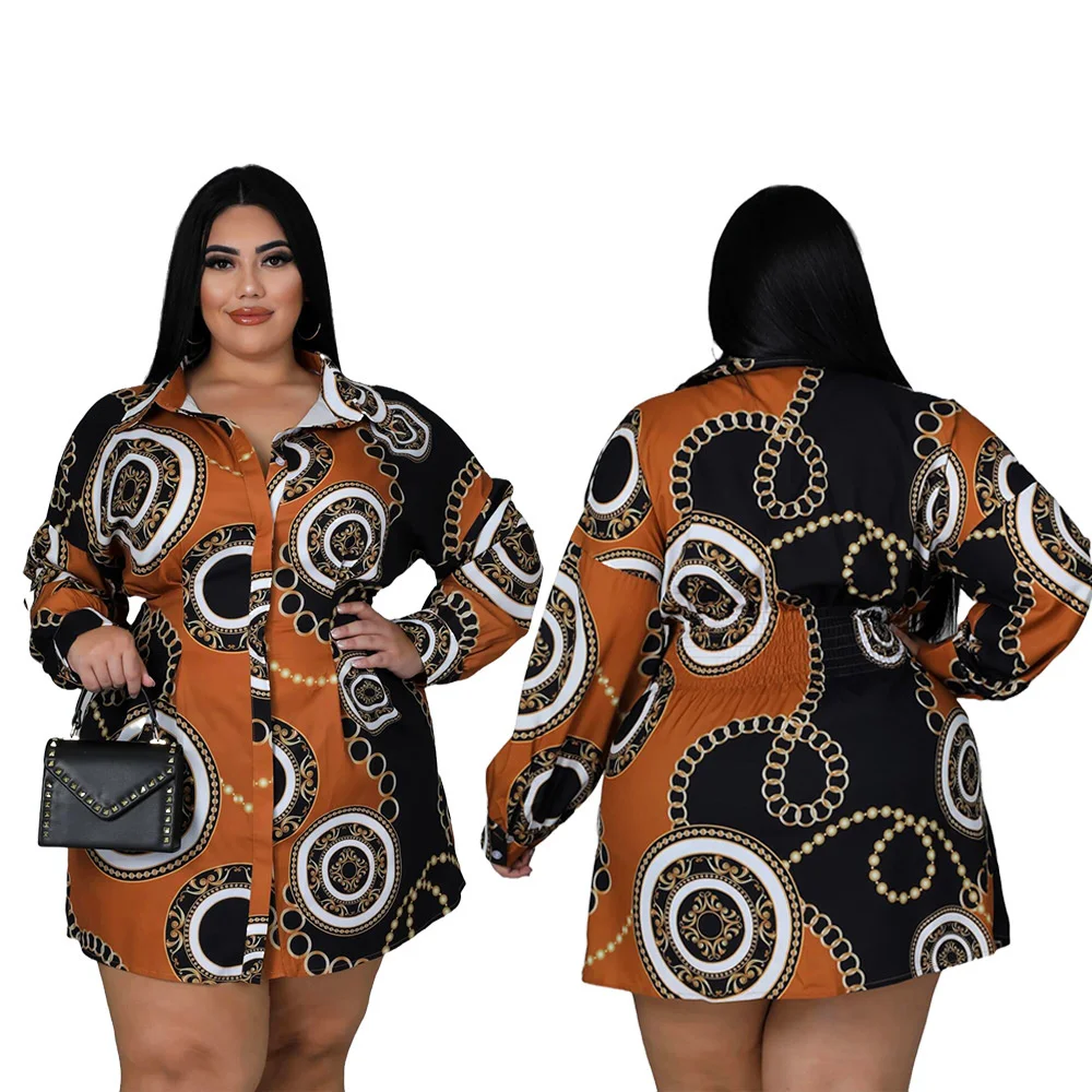 Plus Size Women Shirt Dresses Fashion Print Multicolor Large Size Ladies Long Sleeve Shirt Dress Casual Loose Lapel Tops Female