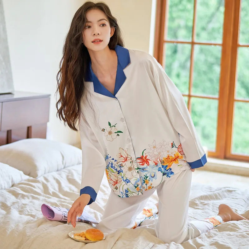 FALLINLAOE High Quality Women's Pajamas Set Floral Print Faux Silk Nightie Luxury Homewear Leisure Sleepwear Loungewear Female