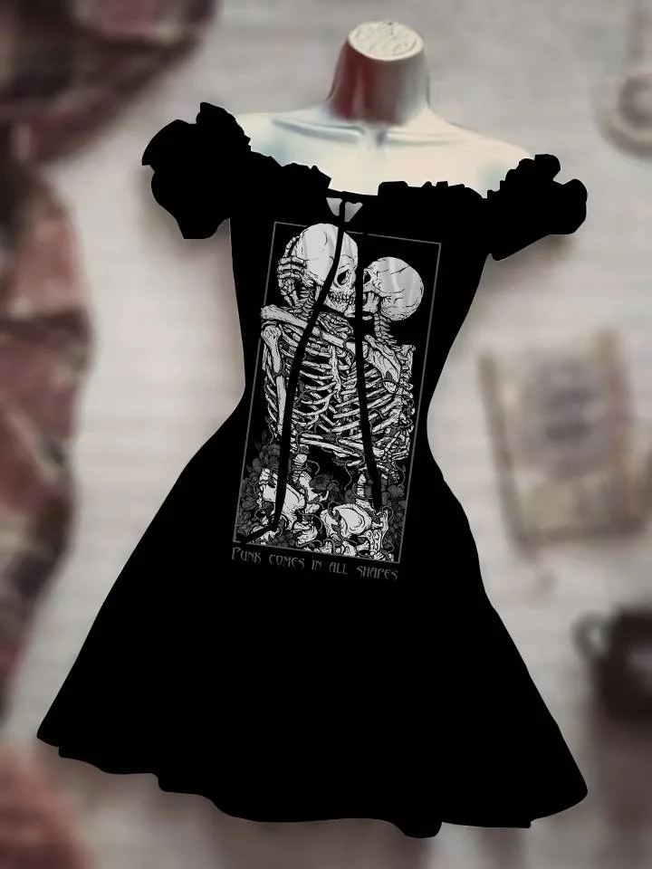 

2022 Sexy Lace Horror Halloween Costume Trend Long Skirt Hawaiian Bohemian Puff Sleeve Drawstring Dress Skull Printing Clothing