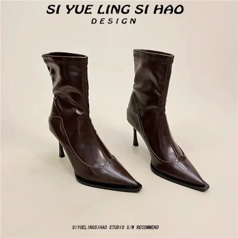 Женские полусапожки на высоком каблуке элегантные с острым носком размер 35-39