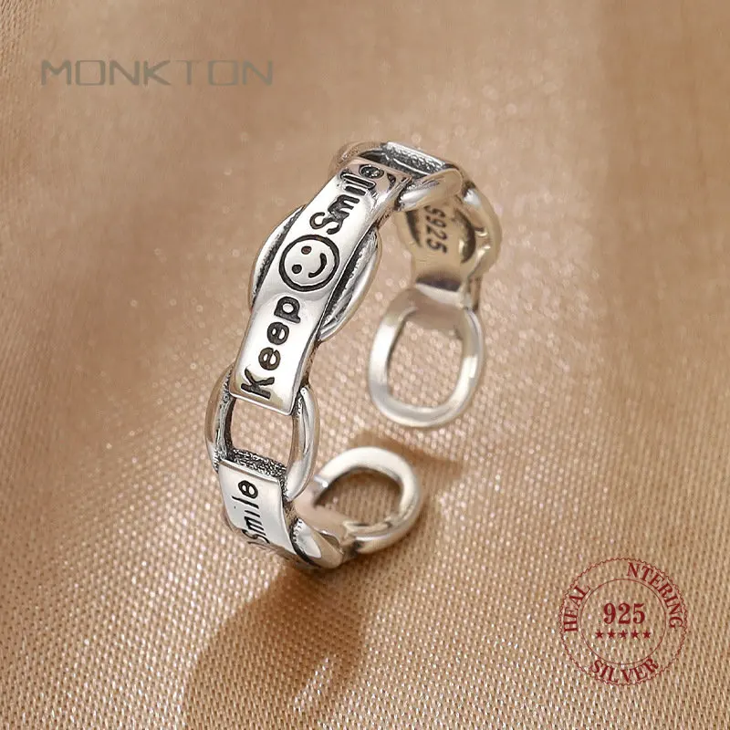 

Женское кольцо Monkton 2023, модное серебряное кольцо с алфавитом в виде смайлика для женщин, Открытое кольцо в Корейском стиле ретро, серебряное ...