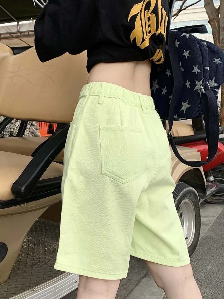 GUUZYUVIZ Summer Straight Tube Loose Wide Leg Denim Shorts Women High Waist Slim Casual Capris Candy Color