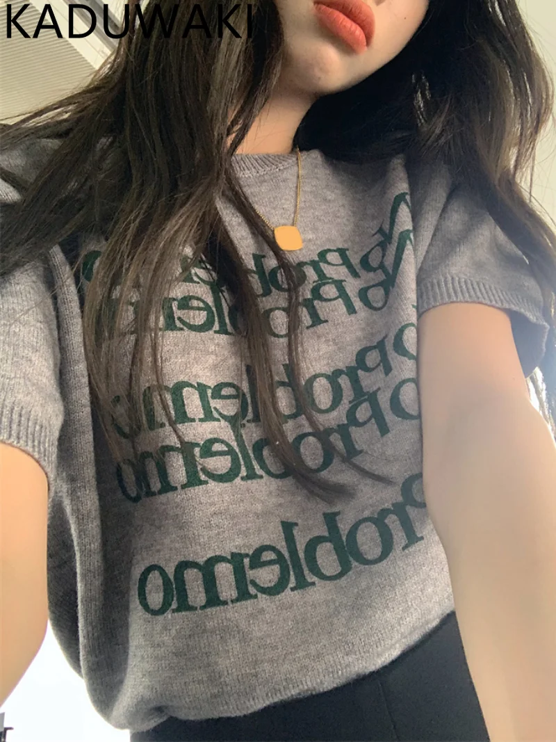 

Женский трикотажный топ с буквенным принтом, свободная облегающая футболка с коротким рукавом и круглым вырезом, модель Y2k в Корейском стиле на лето