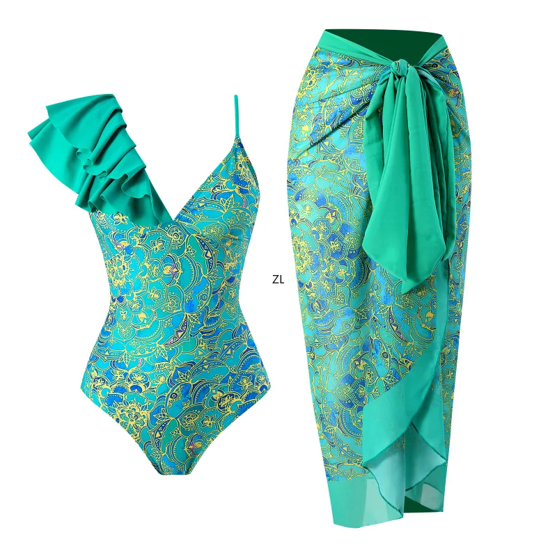 

Floral Print Vintage Swimsuit 2023 New Women Ruffle One Shoulder Swimwear Brazilian Holiday Designer Bathing Suit Beach Cover Up