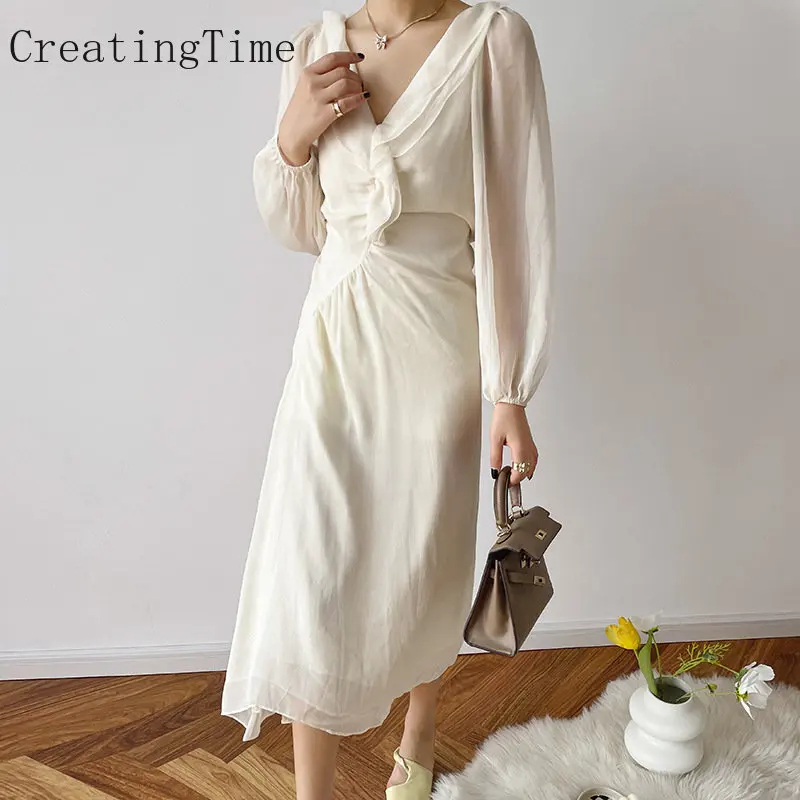 

Женское винтажное платье составного кроя, однотонное Плиссированное Платье из газовой ткани с V-образным вырезом и оборками, с высокой тали...