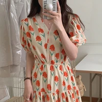 e girls gentle v neck dress women flower printing korean clothing female 2022 summer new high waist short sleeve dresses