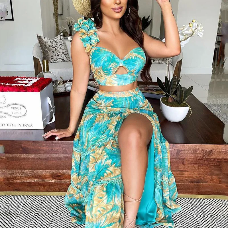 

Combination Sexy Dress Women's Cutout Top Printed Split Dress Two-piece S-XXXL
