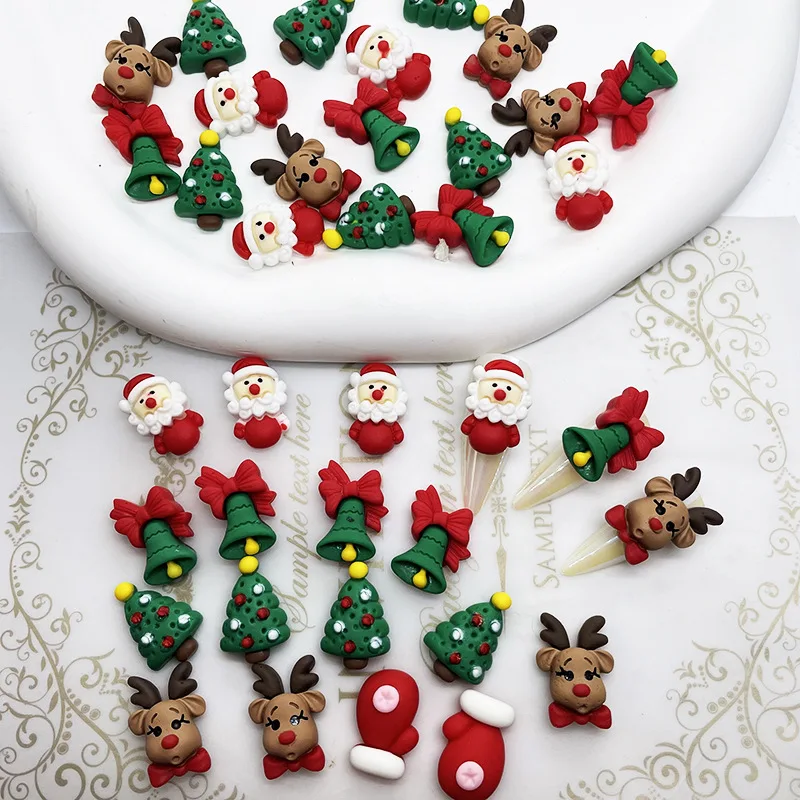 100pcs Christmas Resin Nail Charms Assortment(Snowman,Tree,Elk,Bells,Santa Claus)3D Kawaii Accessories Nails Art DIY Craft Parts