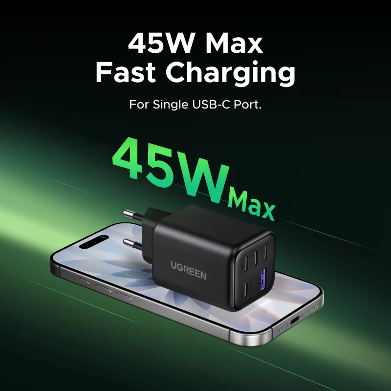 Фото Зарядное устройство UGREEN 45W GaN PD 3.0 UFSC PPS с 5 портами для iPhone 17 16 15 Pro Max, Samsung S25, Xiaomi, планшетов, iPad Air, быстрое зарядное устройство USB-C №2