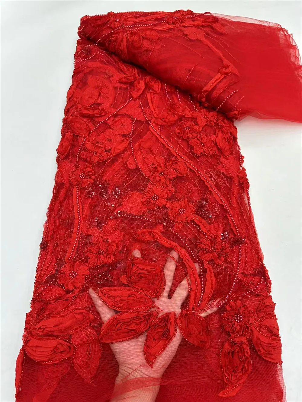 Роскошная кружевная ткань высокого качества с бисером 2024 темно-синяя блестками 5