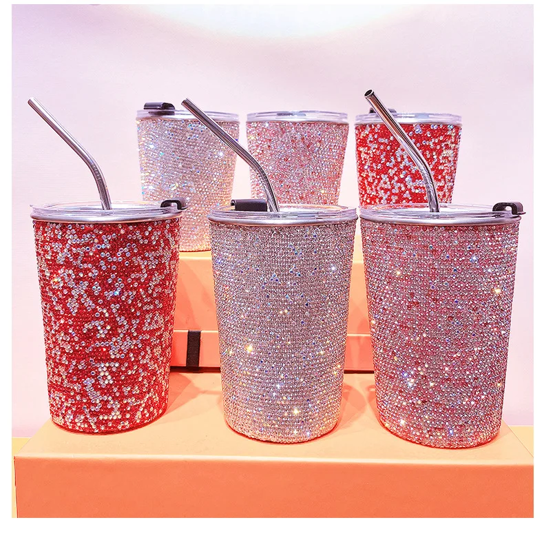

304 Stainless Steel Vacuum Flasks Cup Rhinestone Zircon Inlaid Thermos Cup 350ml Water Bottle Cute Rabbit Brilliant Crysta Cup