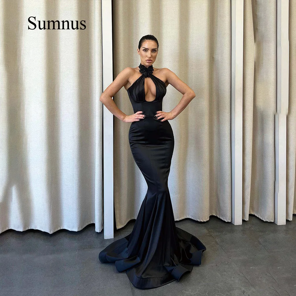 

Sumnus Black Mermaid Evening Dresses Cross Halter Neck Sexy Cut Out Party Prom Gowns With Train Formal Evening Dresses 2023