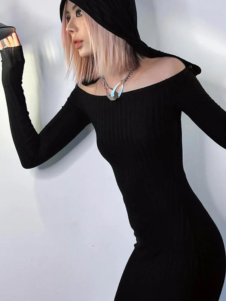 

Gothic Long Dress For Women Clothing Hooded High Waist Bodycon One-Pieces Outfits Full Sleeves Pullover Vestido Feminino Slimfit