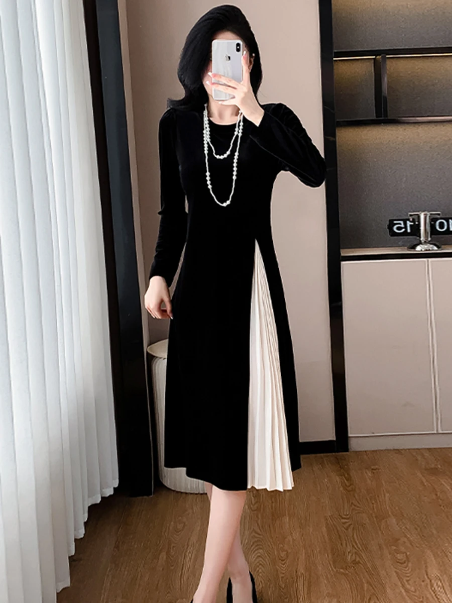 Высококлассный дизайн бархатное лоскутное платье с круглым вырезом осень-зима