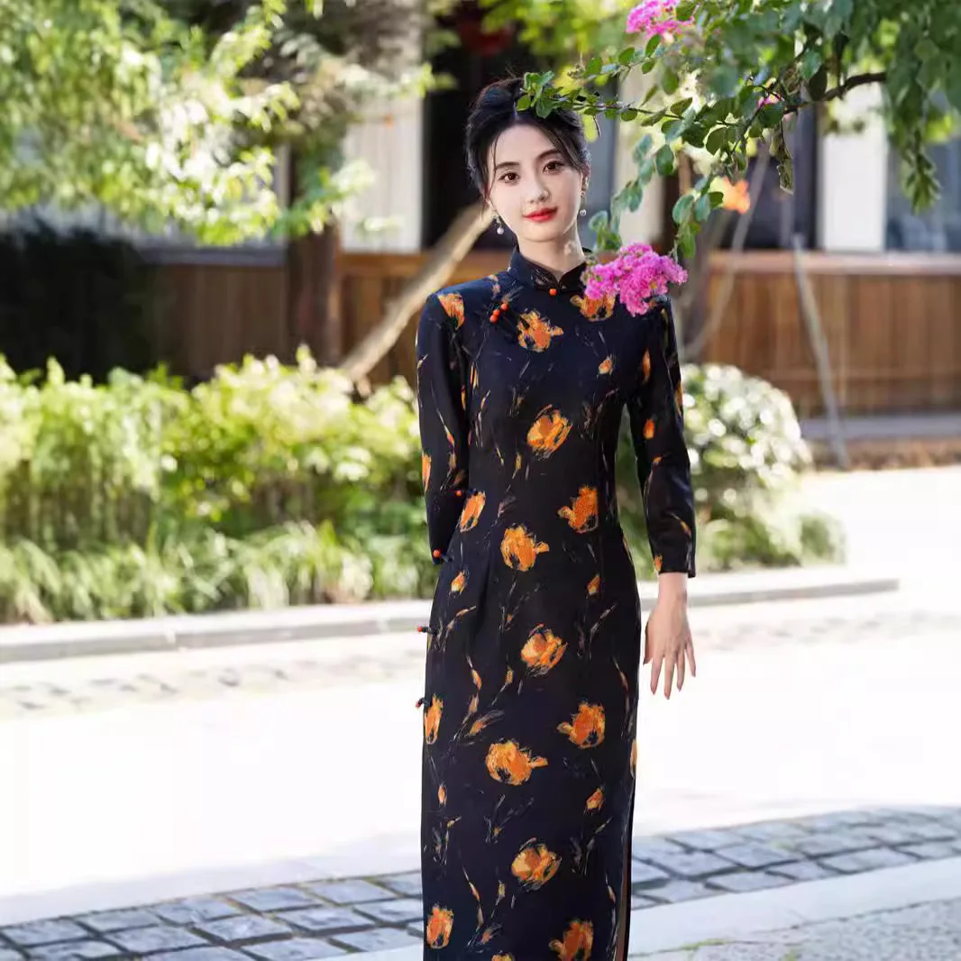 Plus rozmiar 3XL Qipao eleganckie kobiety Cheongsam Vintage sukienka w stylu chińskim seksowny nadruk długie rękawy Vestidos sukienki na co dzień