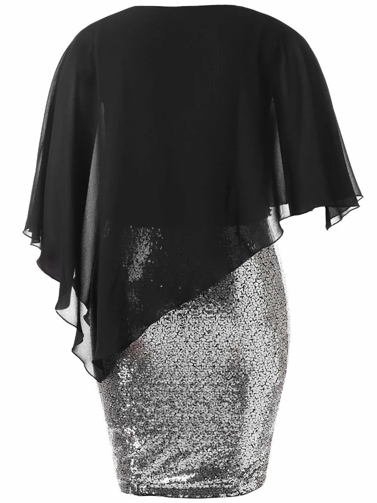 Sequin chiffon shawl dress plus size women clothing  v neck party dress