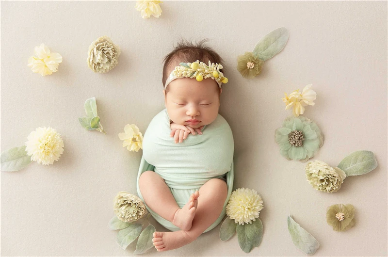 Newborn Baby Girl Photography Props Green Floral Theme Hat Wrap Backdrop Blanket Cute Bear Fotografia Studio Shooting Photo Prop enlarge