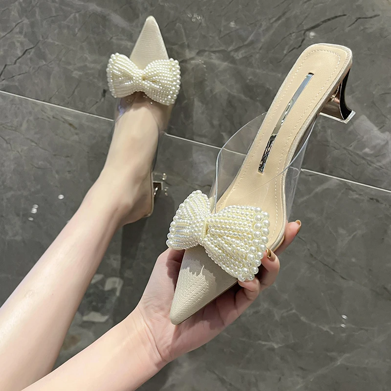 

Women Sandals Pearl Bow-knot Women Shoes Sexy Transparent Pumps Fashion Woman Dress Wedding High Heels Female Heels Sandals 2022