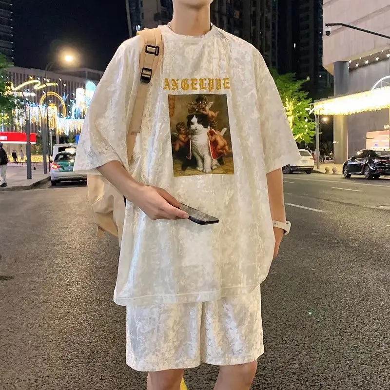 

Men's Casual Short Suit Japanese Style Harajuku High Street Two Piece Set Summer Hip Hop Funny Print T-Shirt Sweat Pants