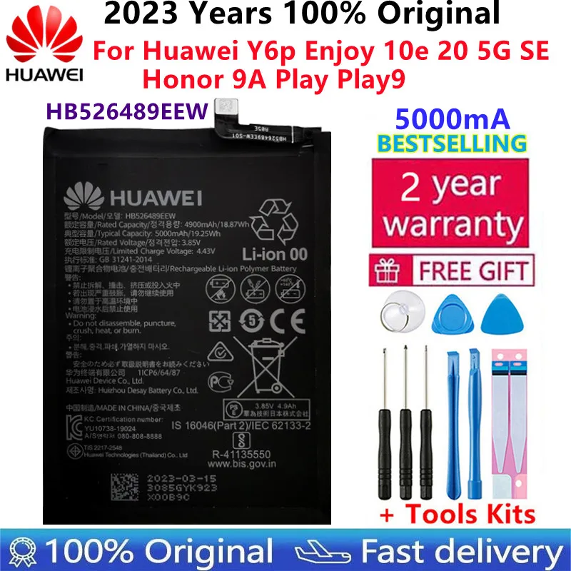 

100% Оригинальный Новый 5000mAh HB526489EEW Аккумулятор для телефона Huawei Y6p Enjoy 10e 20 5G SE Honor 9A Play Play9A + наборы инструментов