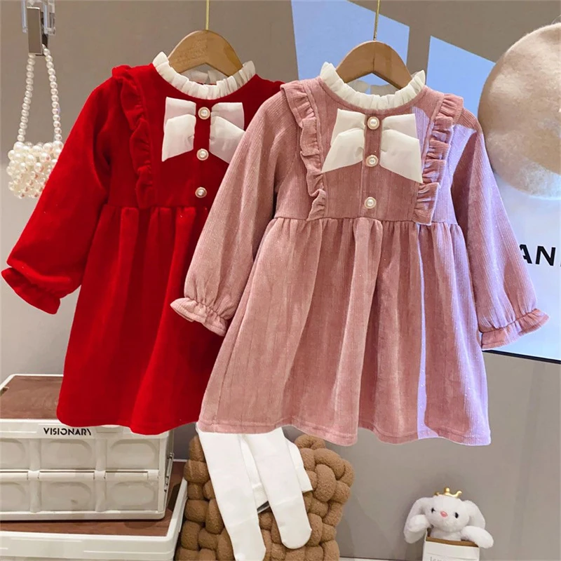 

Girls Princess Dress Butterfly-knot Lolita Dresses Autumn Winter Warm Costume Plush Vestidos Children Christmas Clothes 3-8Y