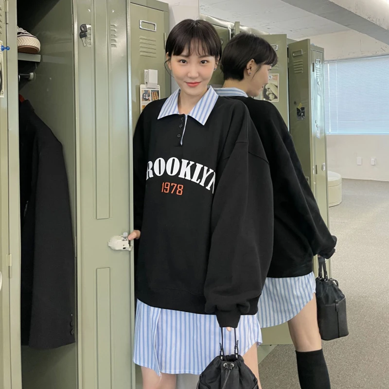 

Женский стильный свитшот Clothland с надписью, имитация двух частей, лоскутный пуловер с длинным рукавом, милые повседневные топы, женская одежда HA442