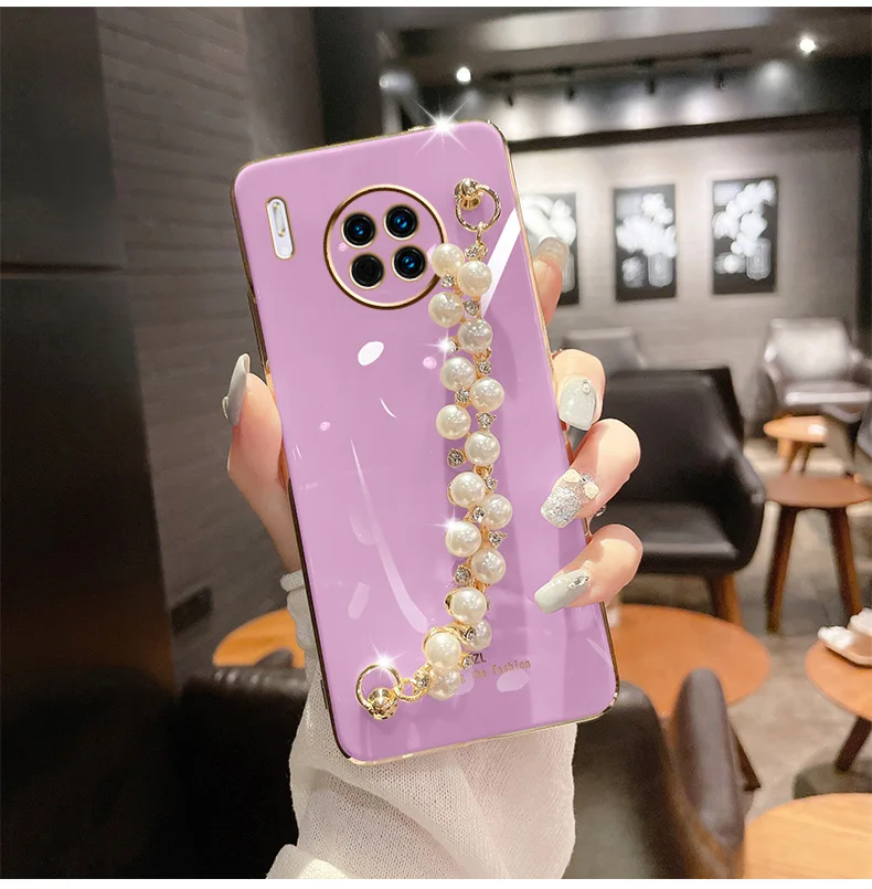 

Double Layer Pearl Bracelet Plating Case For Huawei Y9S Y8P Y7A Y6P P30 Pro P50 Mate 20X 20 P20 Lite P40 Y7P Delicate Slim Cover