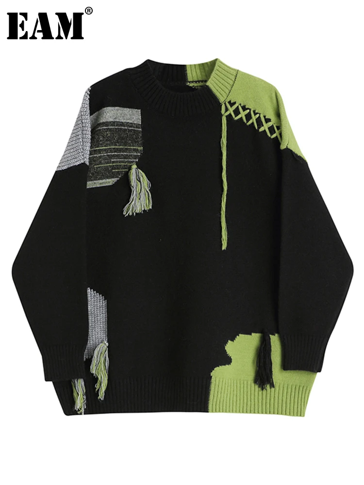 

[EAM] Tassels Color-block Big Size Knitting Sweater Round Neck Long Sleeve Women Pullovers Fashion Autumn Winter 2022 1DE6464