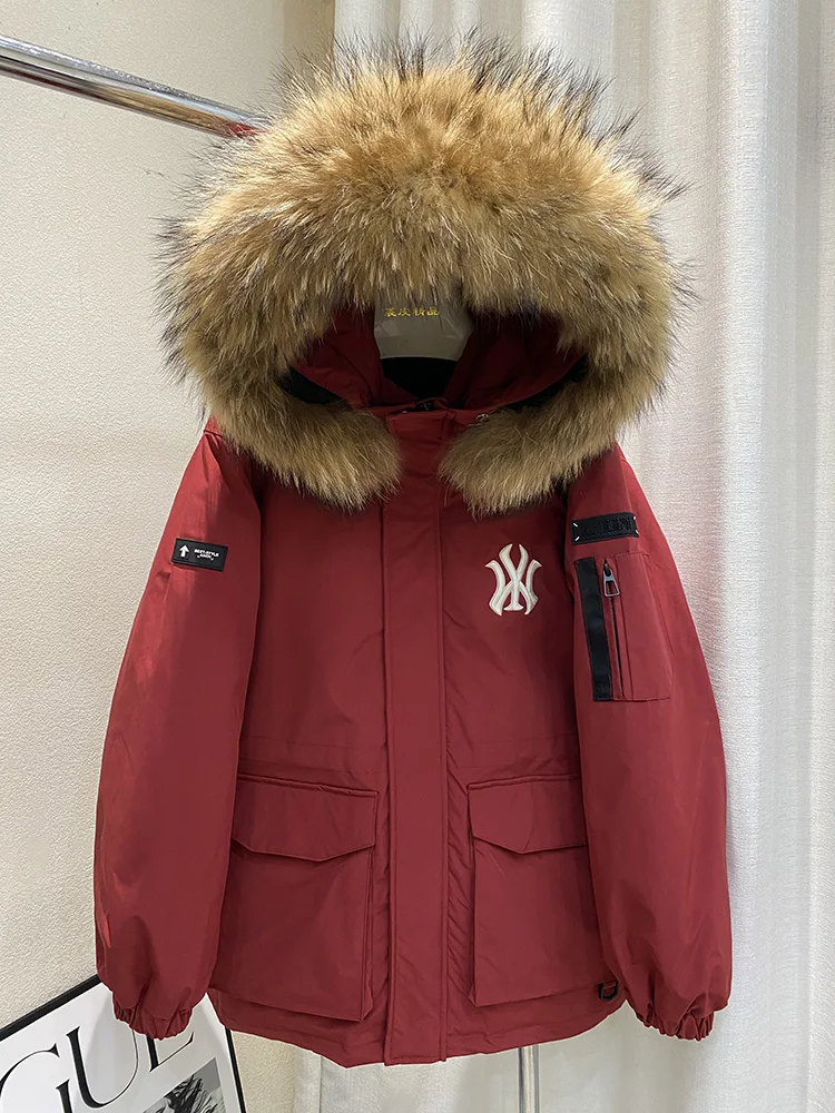 Fashion Brand Cargo Parker Down jacket Men's and Women's Same Mid-Length Winter Oversized Raccoon Dog Fur Collar Outdoor Warm...