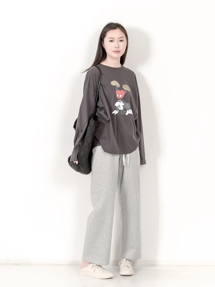 Kngs Autumn Japan fashion Retro Sle Creative Print Mickey round Neck Long sleeve Cotton Base Shirt T-shirt Women's Top