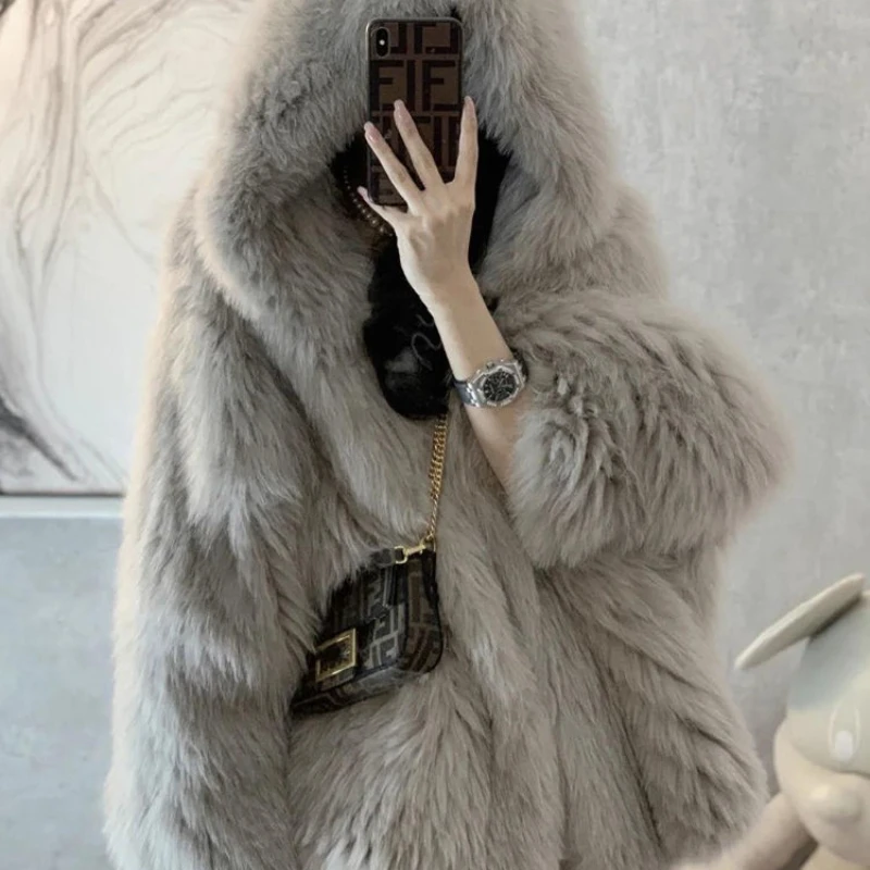 

2022 Winter Fur Coat Women Imitation Fox Hair Korean Version of The New Faux Fur Coat Hooded Fox Fur Long Fur Collar Jackets