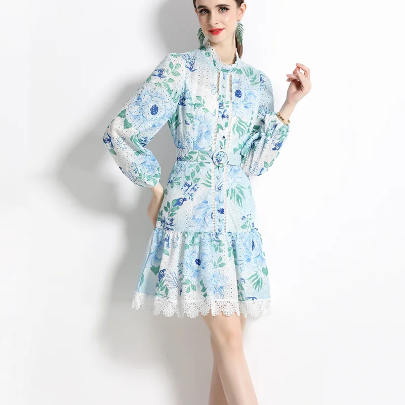 

New Stand Neck Lace Patchwork Hollow Out Printed High Waist Ladies Dress Spring And Autumn Single Breasted Women Vestidos