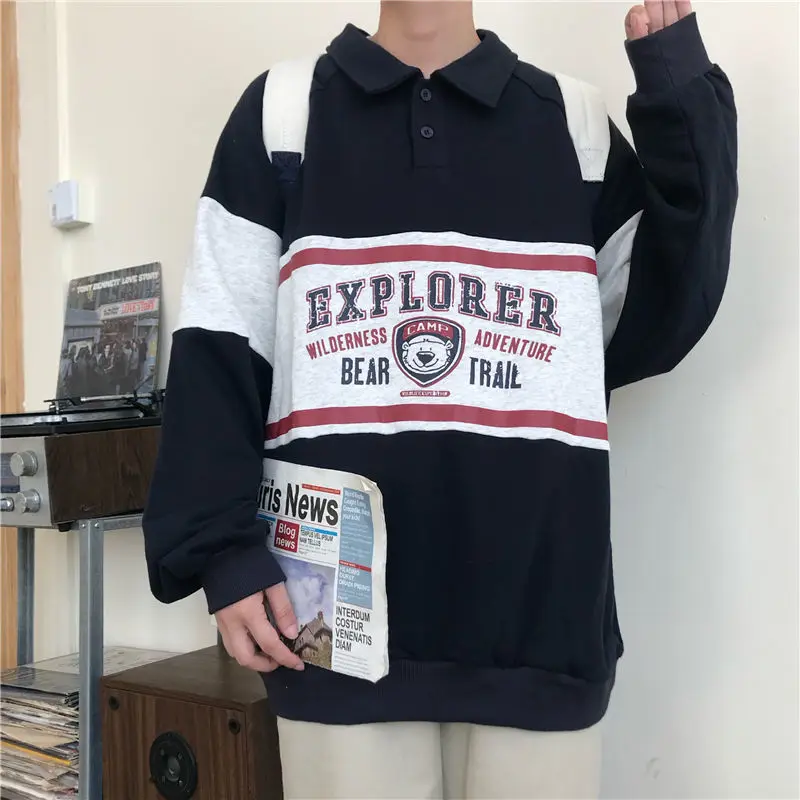 

Navy Vintage Splicing Printed Polo Shirt Cotton Graphic Sweatshirt Women Casual Long Sleeve Hoodies Japanese Fashion Thin Autumn