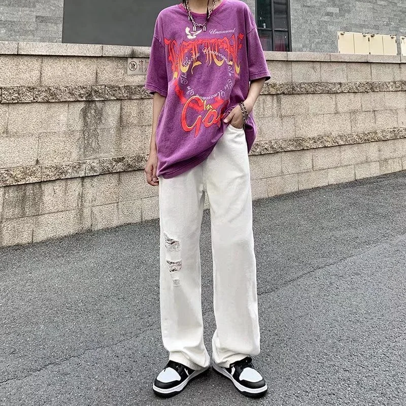 Summer White Hole Jeans Men Fashion Casual Baggy Straight Jeans Men Streetwear Loose Hip Hop Ripped Denim Pants Mens Trousers