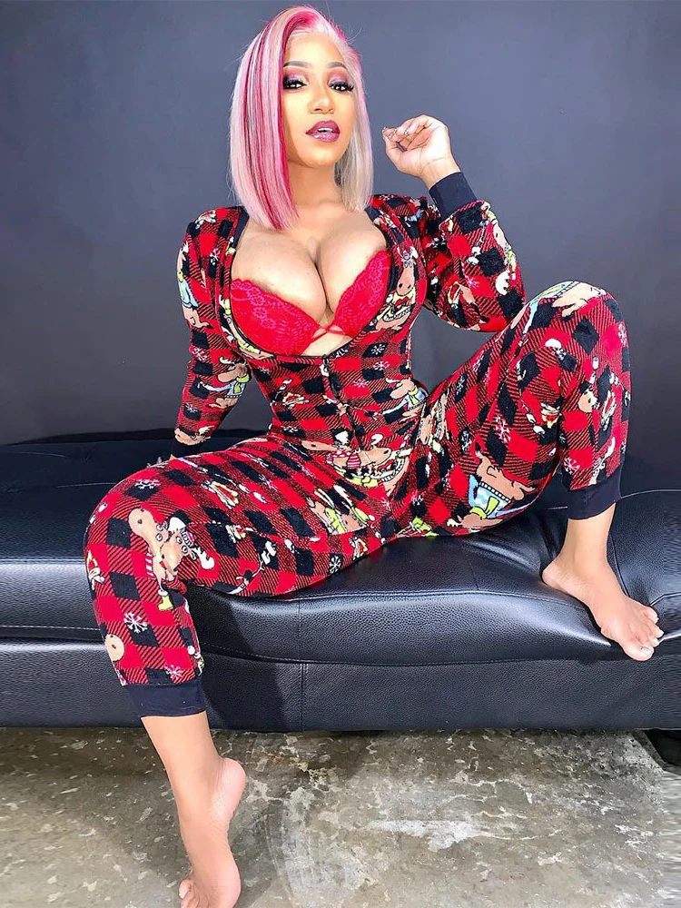 

Autumn Winter New For Women's Fashion Print Christmas Long Sleeve One Piece Pants Slim Boo Buttocks Casual Woman Home Wear 2022