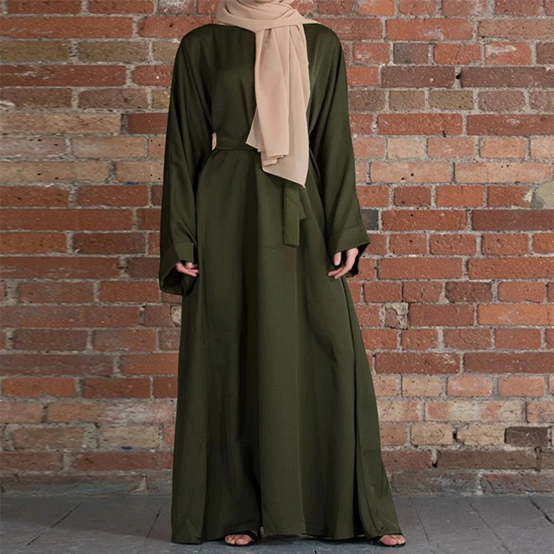 Women Muslim Robe with Belt Casual Solid Color Long Sleeve Loose Dress Abaya Dubai Turkey Kaftan Prayer Dress Robe Islam Clothes