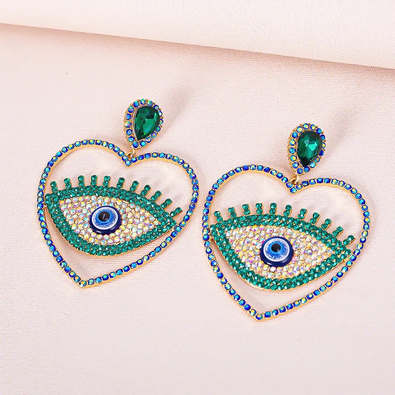 

Exaggerated Deep Blue Evil Eye Hollow Big Drop Earrings for Women Female Multicolor Rhinestone Heart-shaped Earring Wholesale
