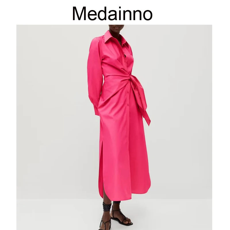 

Medainno New 2022 Autumn Women Dress Fashion Poplin Lacing Shirt Dress Women Casual Button Solid Long Sleeve Midi Dresses Ladies