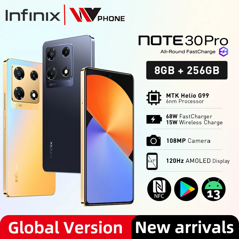 

Global Version infinix note 30 pro NFC Android 13 Smartphone MTK G99 68W FastCharger Wireless Charge 5000mAh 108MP 6.67" 120Hz
