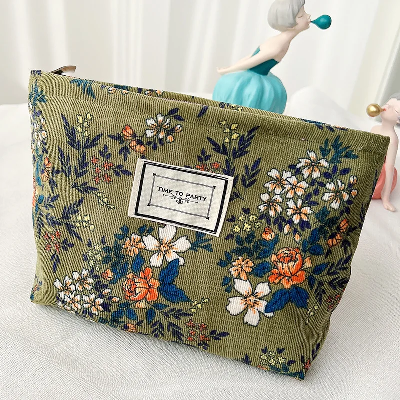 

Corduroy Large Cosmetic Bag Wash Bag Retro Flower Print Women Travel Make Up Organizer Clutch Bag Pouch Beauty Storage Cases