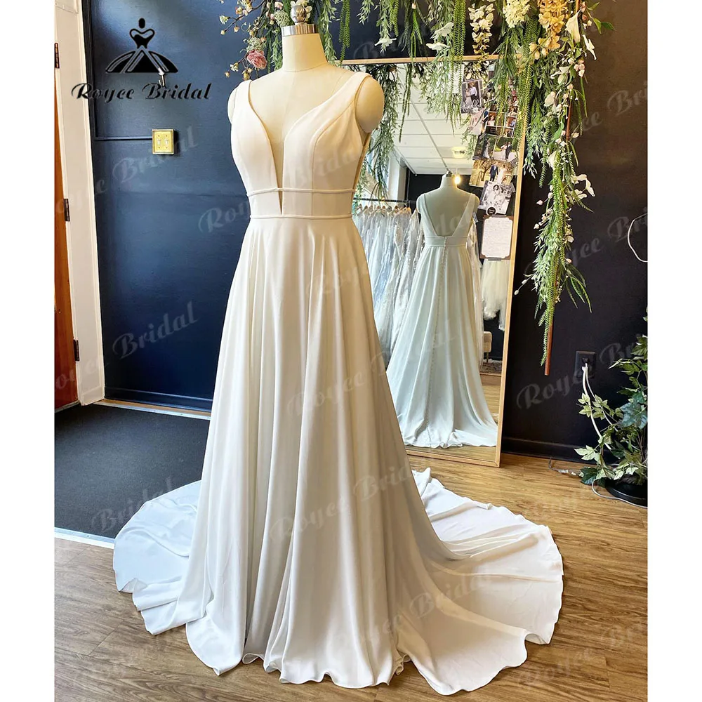 

Plunging V Neck Backless Boho Soft Satin Wedding Dress for Women 2023 A Line Bridal Gown Sleeveless Vestido De Noiva Roycebridal