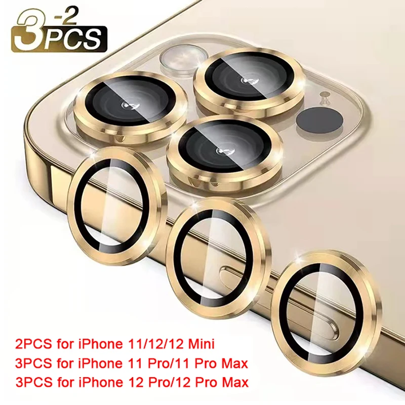 

2/3PCS Metal Ring Lens Glass for iPhone 12 13 Pro Max 11 Pro Camera Lens Screen Protector for iPhone 11 12 Mini Protective Glass