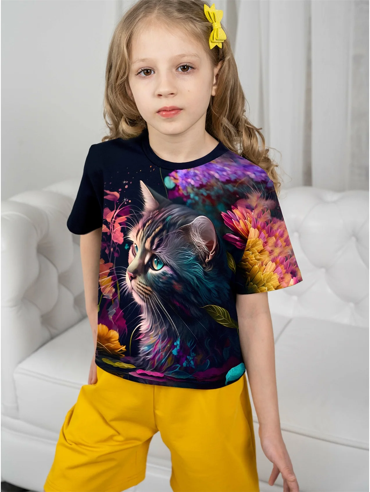 Крутая Черная Футболка С 3d Принтом Кота Для Девочек 5-14 Лет Повседневный Летний