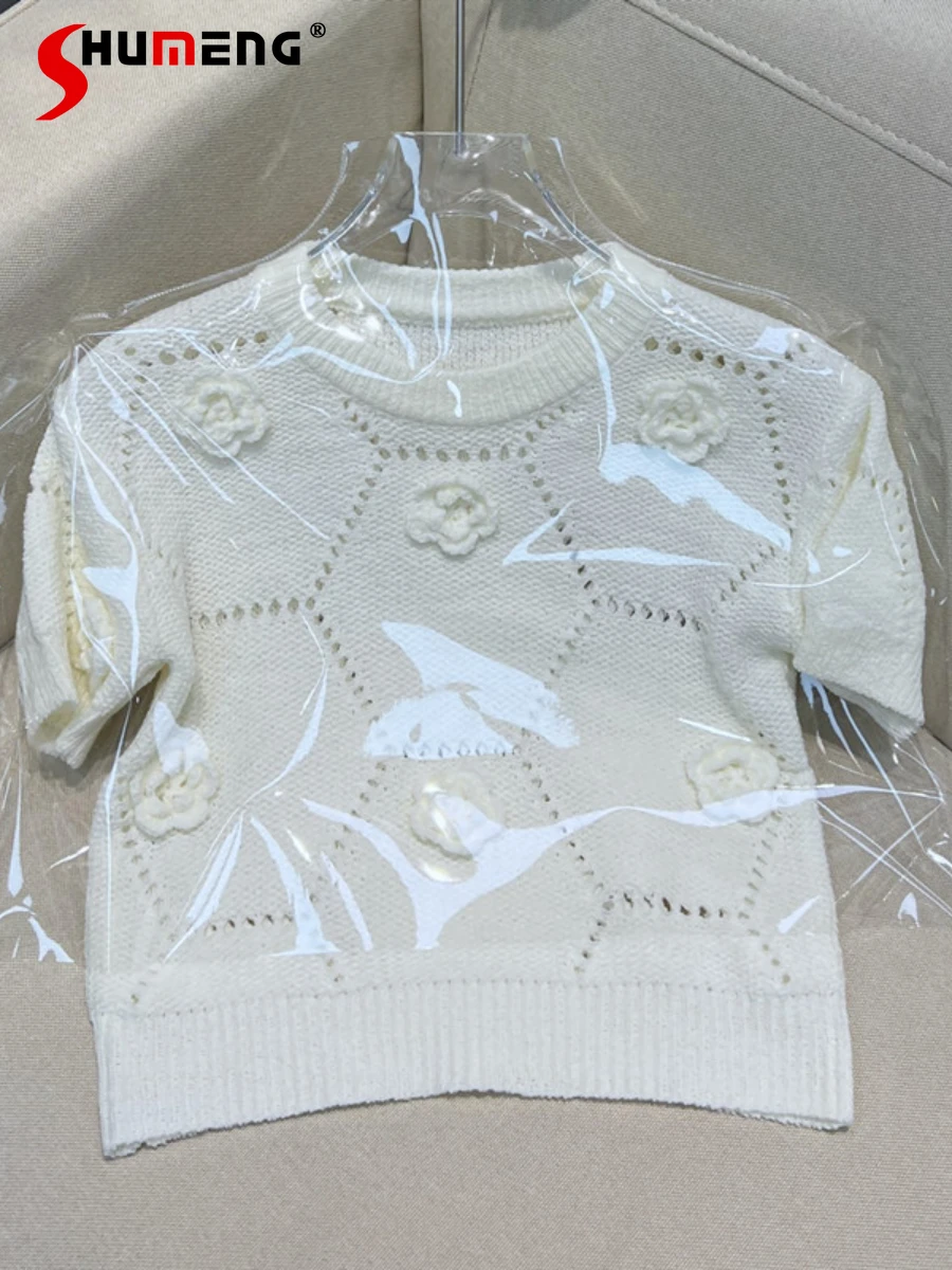

Sweet Tridimensional Flower Short-Sleeved Knitted T-shirt for Women 2022 Spring Summer Loose Pullover New Hollow-out Short Top