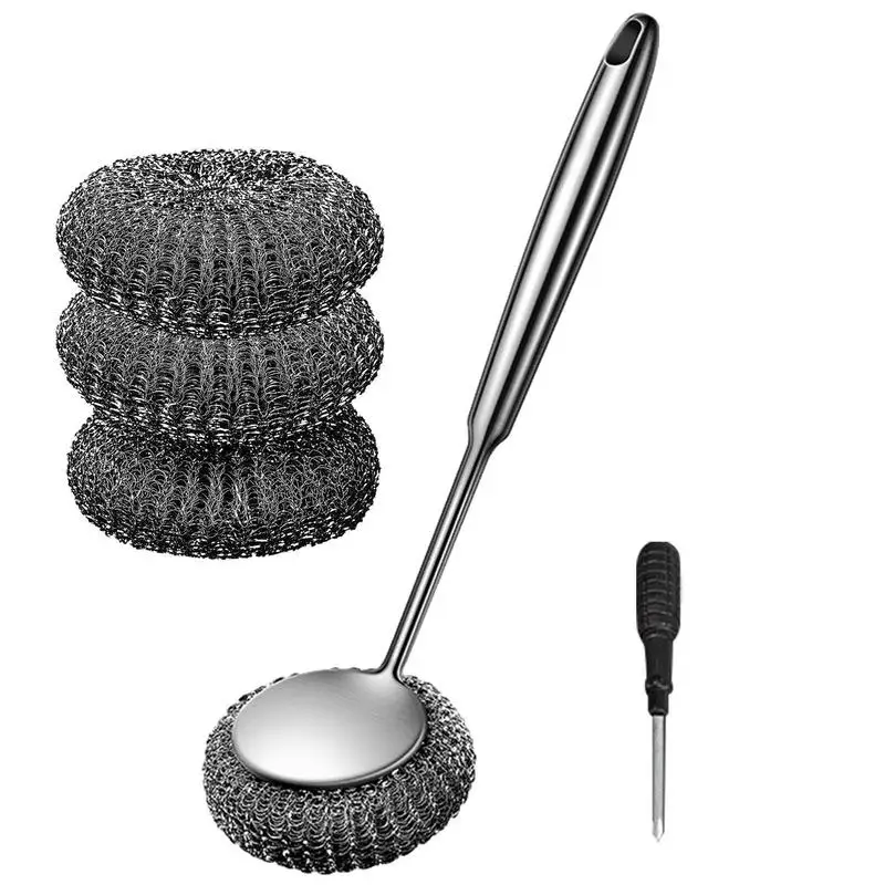 

Stainless Steel Long Handle Wool Scrubber Reusable Dish Cleaning Brush Long Lasting Dirt Remover Tool Kitchen Accessories
