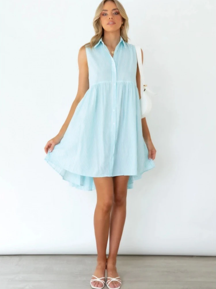 

Новинка лета 2022, свободное и удобное однобортное платье-рубашка без рукавов в Вертикальную Полоску с лацканами