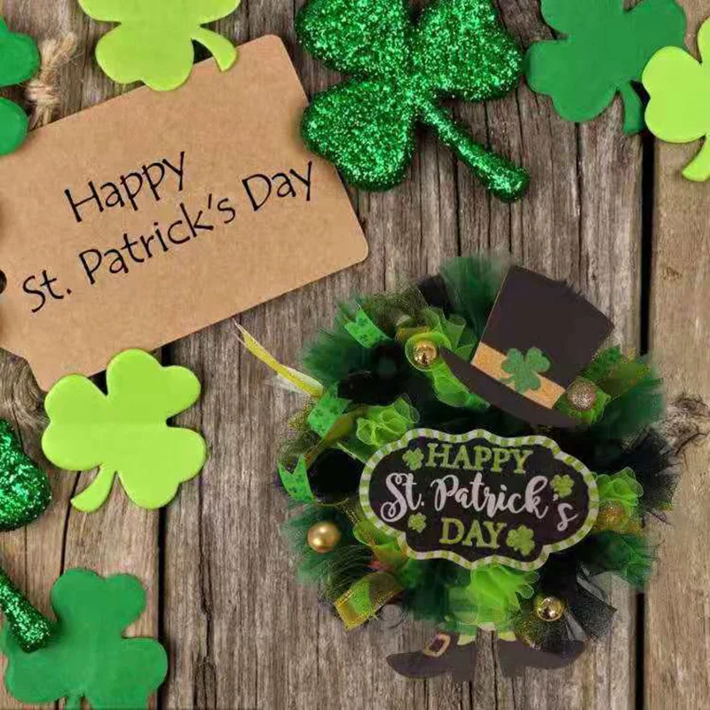 

40CM Irish Festival Wreath Clover Ribbon Garland Personalized Themed Party Hanging Ornament for Home Garden Porch LB88